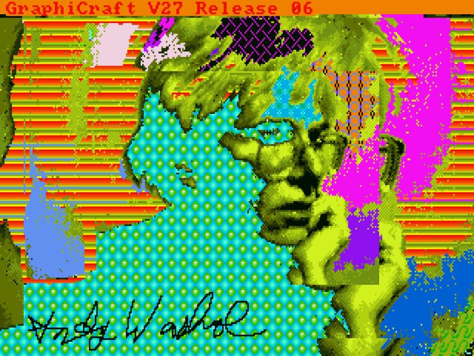 A self-portrait of Warhol, edited with the Amiga computer.